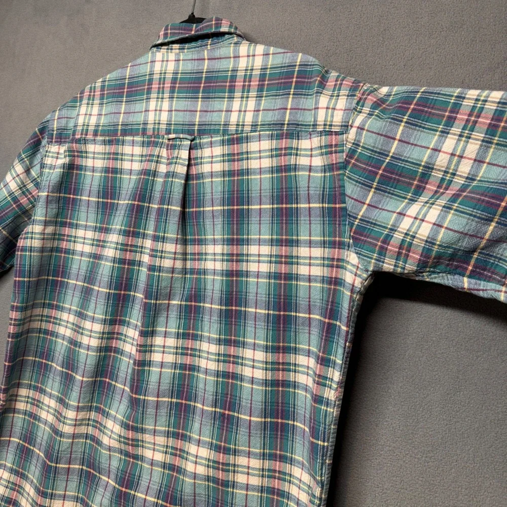 Vintage BD Baggies Short Sleeve Plaid Button Down Shirt L Teal Blue Green Casual